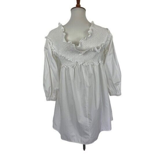 CLASSY White Cotton Ruffle Smocked Mini Dress Cottagecore Style Small - Picture 4 of 6